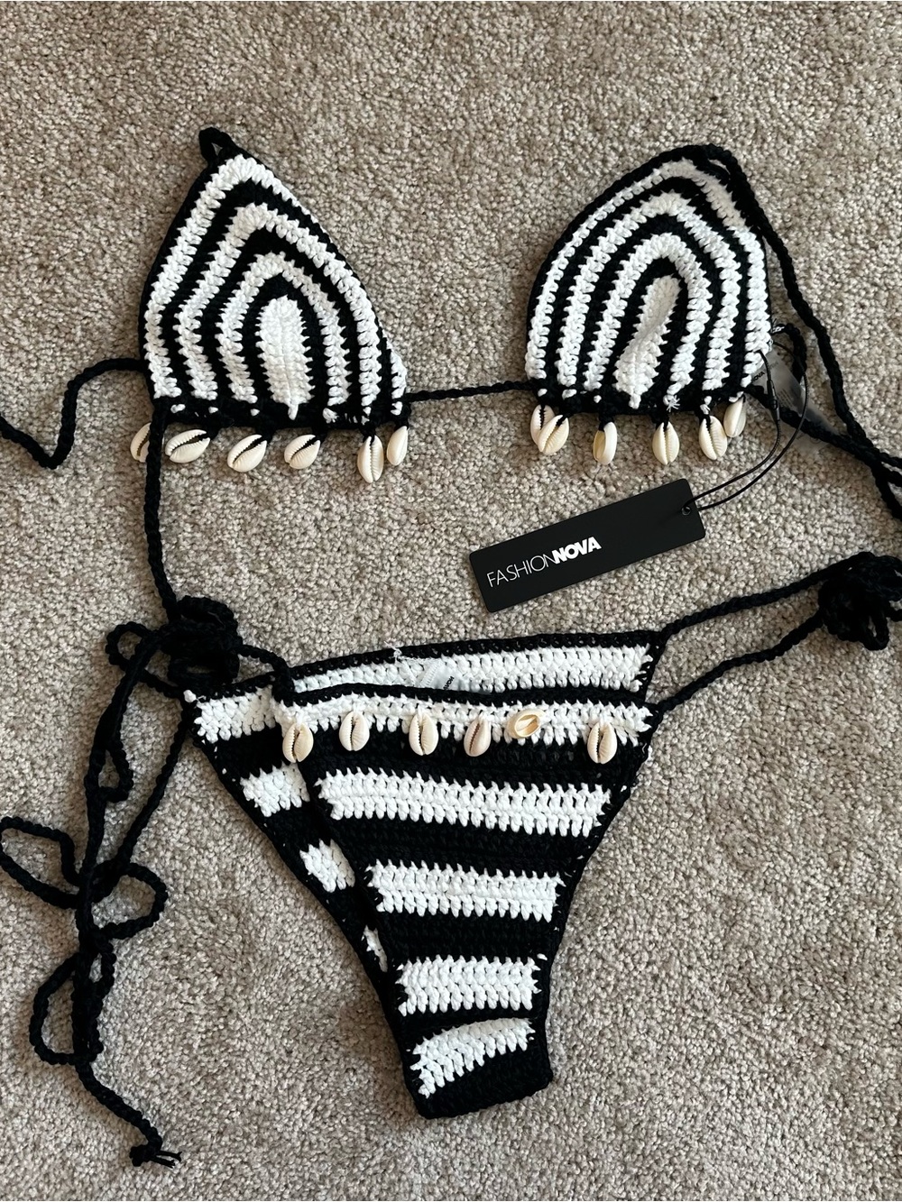 Striped Crochet Shell Detail Bikini Set - Black & White